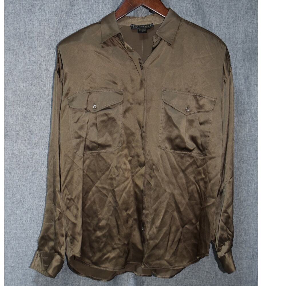 Baldanza 100% Pure Silk Button-Down Blouse in Taupe Brown Size 6